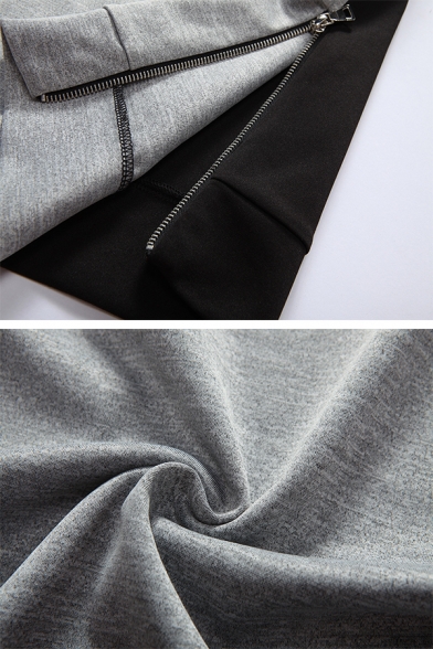 Geometric Panel Long Sleeve Crew Neck Side Zipper Slim Fit Casual Pullover Sweatshirt
