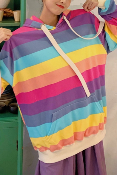 Girls Fashion Rainbow Striped Long Sleeve Baggy Drawstring Hoodie with Pocket