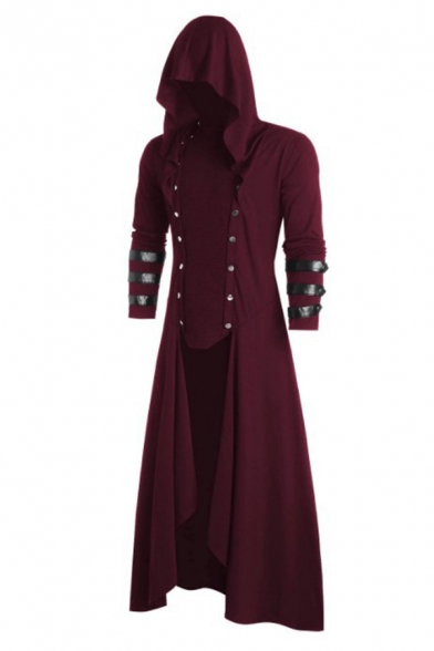 Gothic Colorblock Striped Long Sleeve Button Embellished Wine Red High Low Asymmetrical Hooded Dress