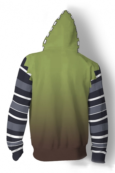 Hot Game 3D Striped Long Sleeve Zip Up Green Ombre Cosplay Drawstring Hoodie