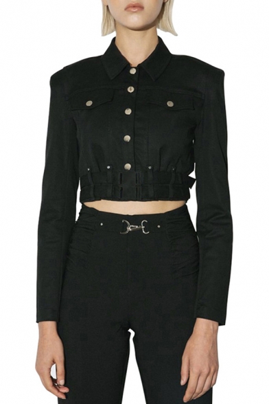 Hot Popular Black Casual Lapel Collar Long Sleeve Single Breasted Push Buckle Belt Slim Cropped Jacket