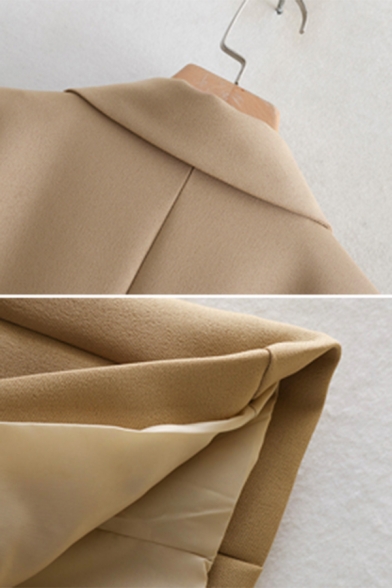 Khaki Simple Peak Collar Long Sleeve Double Breasted Belted Longline Blazer Coat with Pocket