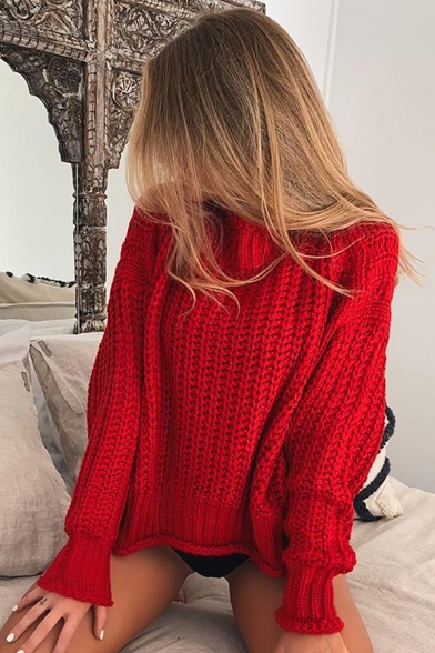 Ladies Fashion Whole Colored Mock Neck Long Sleeve Chunky Loose Pullover Sweater Knitwear
