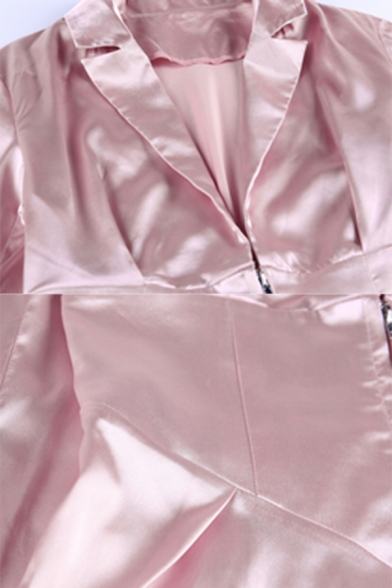Ladies Sexy Long Sleeve Gathered Waist Zip Up Split Plain Pink Longline Satin Blazer