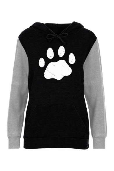 Lovely Cat Footprint Colorblock Long Sleeve Regular Casual Drawstring Hoodie with Pocket
