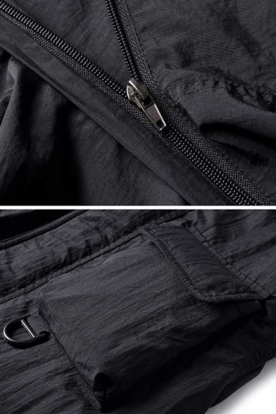 Mens Casual Simple Long Sleeve Multi Pocket Zip Placket Quick-Dry Black Hooded Utility Jacket