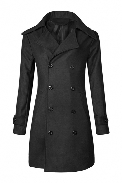 Mens Classic Notched Lapel Long Sleeve Button Cuffs Double Breasted Longline Solid Wool Pea Coat