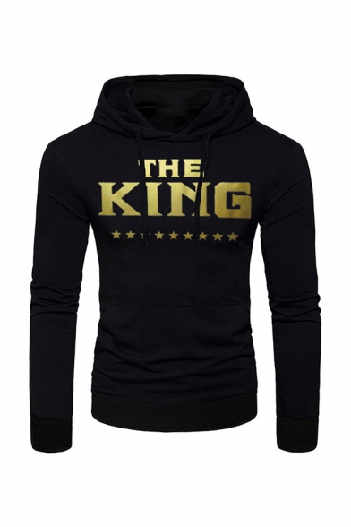 Mens Leisure Stars Letter THE KING Printed Long Sleeve Slim Fit Drawstring Hoodie with Pocket