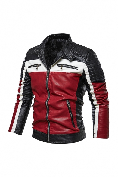 Mens New Stylish Colorblock Panel Zipper Embellished Long Sleeve Snap Button Stand Collar Zip Up PU Thick Moto Jacket