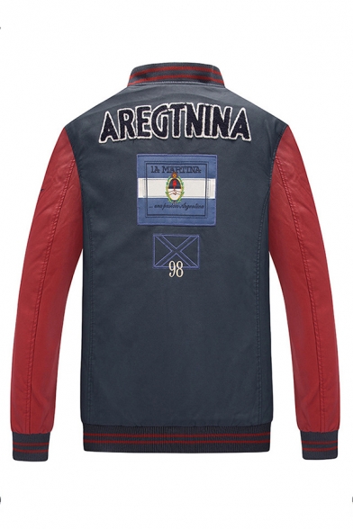 Mens Simple AREGTNINA Letter Patch Long Sleeve Stand Collar Zip Up Slim Fitted Baseball Jacket