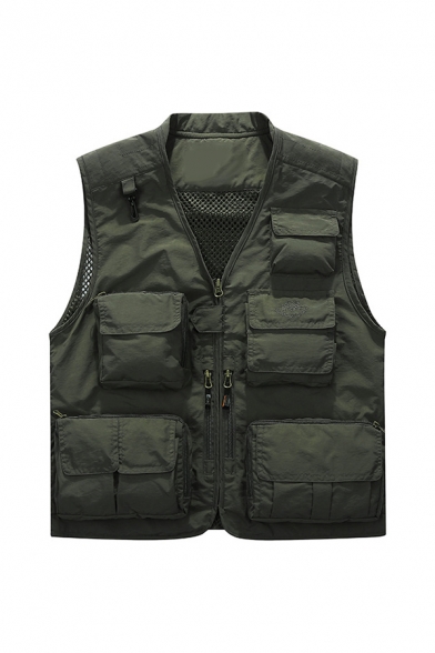 Mens Simple V-Neck Sheer Mesh Panel Zip Closure Multi-Pocket Dry Quickly Army Green Oversized Military Vest