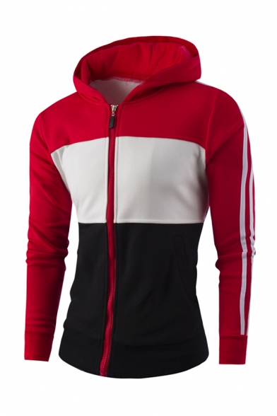 Mens Sportive Color Blocked Stripe Long Sleeve Zip Up Slim Fit Hoodie with Side Pocket