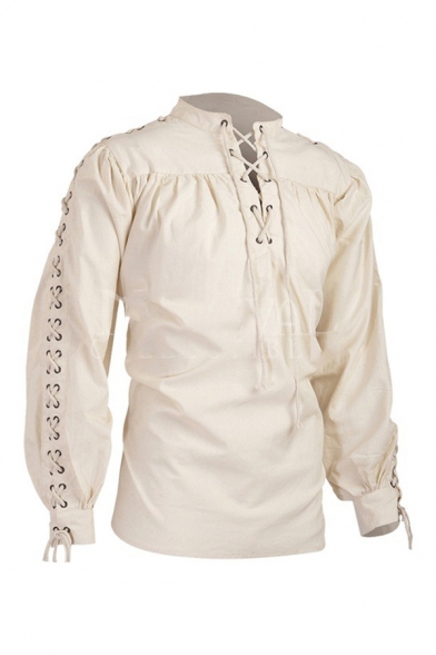 Mens Vintage Plain Lace-Up V-Neck Tied Long Sleeve Medieval Renaissance Henley Shirt