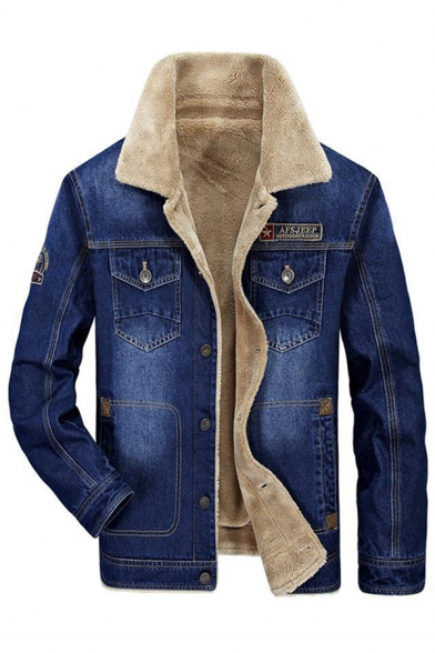 Mens Winter Soft Sherpa Lined Lapel Long Sleeve Single Breasted Long Sleeve Slim Fit Denim Jacket