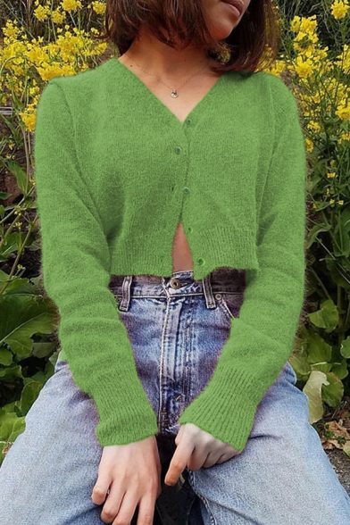 New Fashionable Green Plain Long Sleeve Single Breasted Short Knitted Cardigan Coat