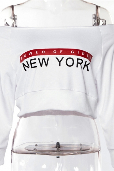 New Trendy POWER OF GIRLS NEW YORK Letter Printed Off the Shoulder Long Sleeve White Crop Sweatshirt