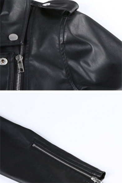 Plain Black Studded Lapel Collar Oblique Zipper Long Sleeve PU Cropped Biker Jacket