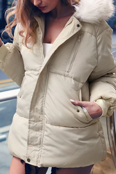 Plain White Fur-Trimmed Hood Long Sleeve Zip Up Puffer Parka Coat with Pocket