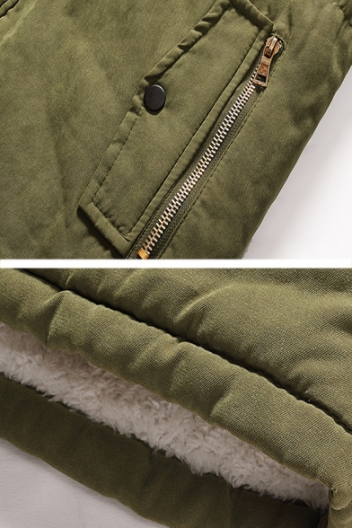 POKET RUGGED Letter Patchwork Long Sleeve Zip Up Sherpa Lined Army Green Longline Parka Coat with Fur Trimmed Hood