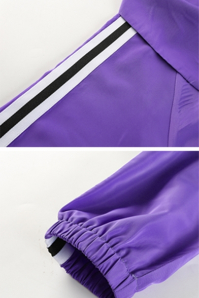 Purple Lapel Collar Color Block Striped Long Sleeve Single Breasted Drawstring Crop Casual Jacket Coat