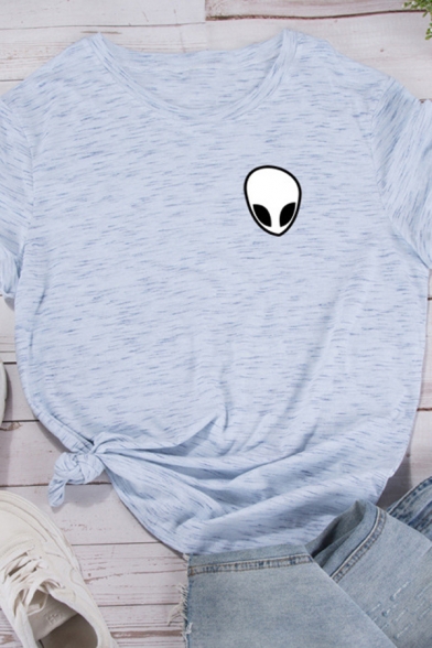 Simple Alien Printed Chest Rolled Up Short Sleeve Round Neck Oversized Casual T-Shirt