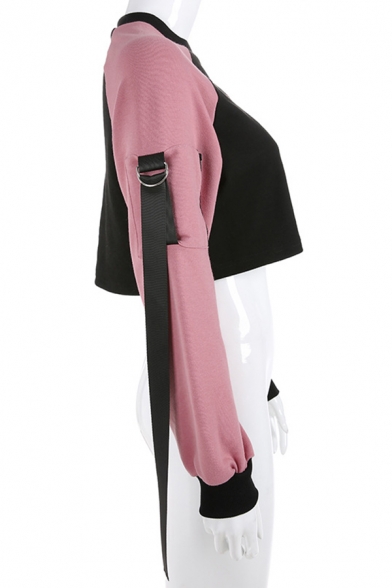 Simple ROCKMORE Letter Printed Raglan Long Sleeve Zipper Ribbon Embellished Pink and Black Cropped Sweatshirt