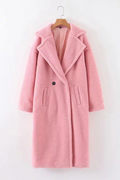 Stylish Pink Solid Color Lapel Collar Long Sleeve Button Front Faux Fur Longline Coat with Pocket