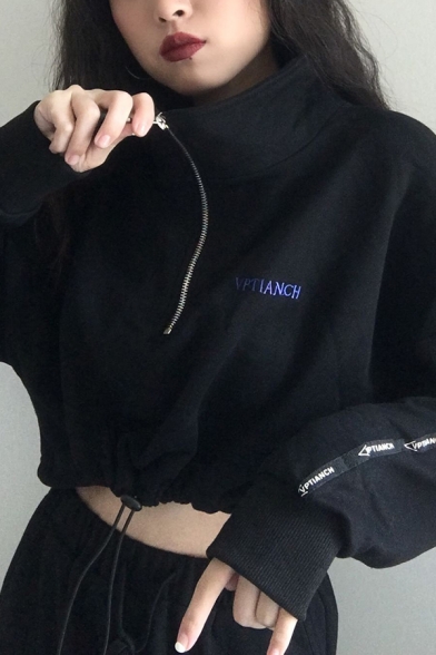 VPTIANCH Letter Tape Patched Long Sleeve High Collar Drawstring Hem Half-Zip Black Cropped Sweatshirt for Cool Girls