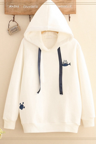 White Chic Fish and Cat Embroidery Pattern Long Sleeve Oversized Drawstring Hoodie