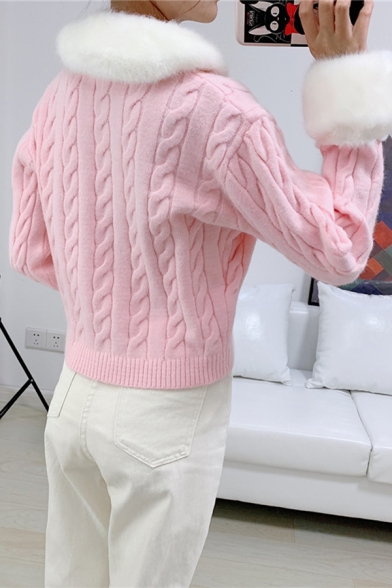 Winter Warm Girls Cute Fur Patch Collar Long Sleeve Button Fly Cable Knit Pink Short Fitted Cardigan Coat