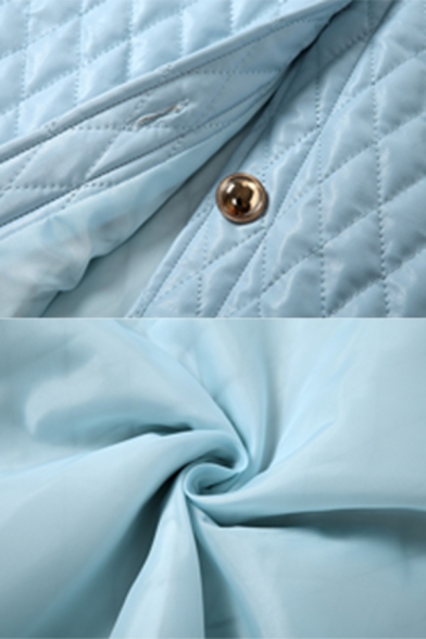 Women Simple Light Blue Lapel Single Breasted Longline Lightweight Quilted Jacket Coat