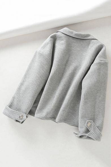 Womens Casual Grey Solid Checked Embossed Long Sleeve Multi-Pocket Single Breasted Loose Overcoat