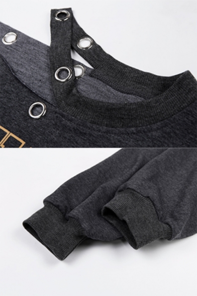 Womens Casual Plain Dark Gray MICHIGAN Printed Cutout One Shoulder Long Sleeve Cropped Sweatshirt