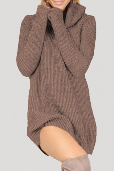 Womens Chic Plain High Neck Long Sleeve Ribbed Knit Longline Sweater Dress