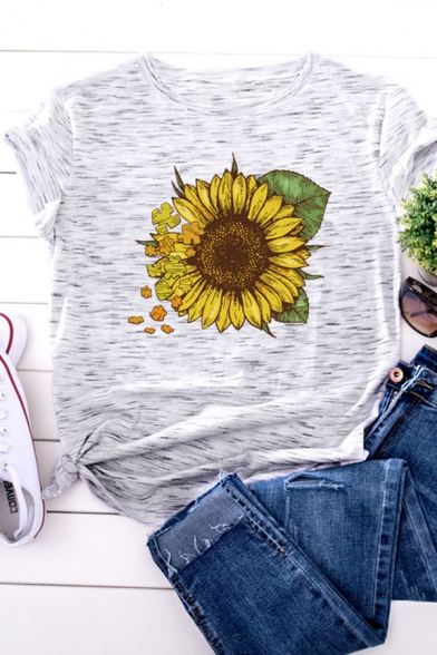 Womens Chic Sunflower Pattern Rolled Short Sleeve Loose Fit Casual T-Shirt