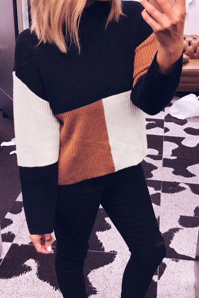 Womens Classic Color Block Patchwork Long Sleeve Chunky Knitted Pullover Sweater