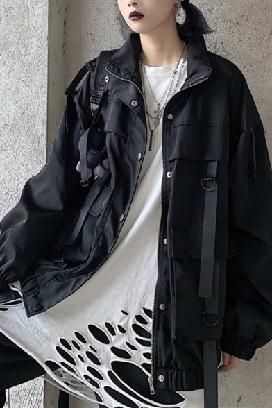 Womens Cool Long Sleeve Ribbon Decoration Zip Closure Black Baggy Casual Utility Jacket Coat