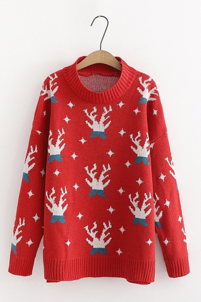Womens Fashion Cartoon Deer Pattern Red Long Sleeve Loose Pullover Sweater