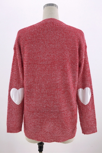 Womens Fashionable Elbow Heart Shaped Patch Long Sleeve Loose Fit Pullover Sweater