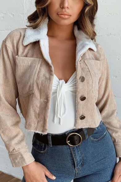 Womens Fashionable Sherpa Lined Lapel Collar Long Sleeve Button Front Corduroy Cropped Jacket Coat