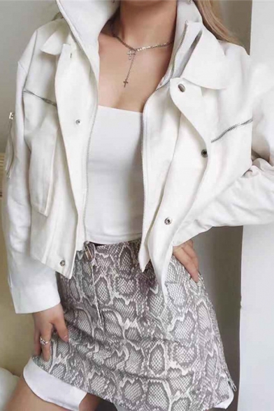 Womens Fashionable Streetwear Plain Long Sleeve Zip Closure False Two Pieces Casual Cropped Jacket