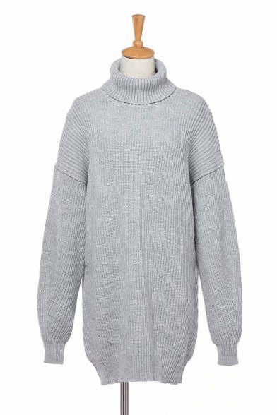 Womens Loose Plain Gray Long Sleeve Turtleneck Longline Knitwear Pullover Sweater Dress