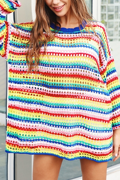 Womens Loose Rainbow Stripes Print Drop Sleeve Long Sleeve Hollow Out Detail Longline Knitted Sweater