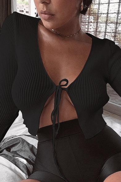 Womens New Trendy Plain Long Sleeve Tie Neck Sexy Cropped Shrug Cardigan