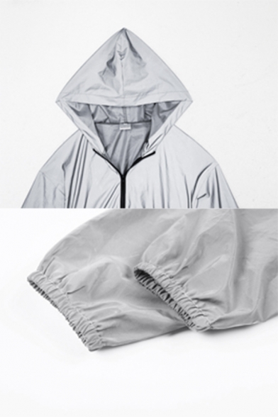 Womens Sexy Gray Plain Long Sleeve Elastic Hem Zip Up Reflective Cropped Hooded Jacket Windbreaker