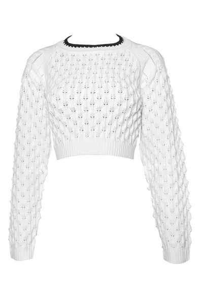 Womens Sexy Round Neck Hollow Out Lace Up Back Drop Shoulder Long Sleeve White Cropped Chunky Sweater