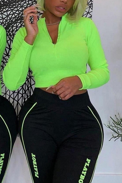 Womens Sexy Solid Fluorescent Green Half-Zip Placket Long Sleeve Ribbed Knit Slim Fit Crop Sweater Top