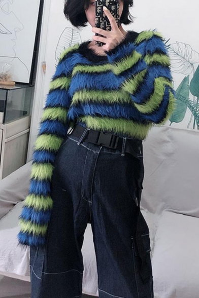 Womens Simple Blue and Green Stripes Round Neck Long Sleeve Cropped Fluffy Mohair Pullover Sweater