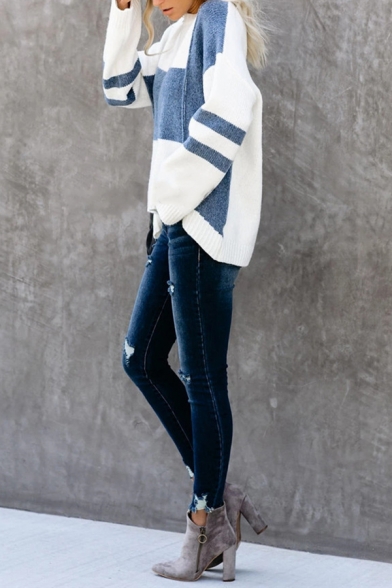 Womens Simple Varsity Stripe Geo Printed Long Sleeve Curved Hem Blue and White Casual Knitwear Sweater