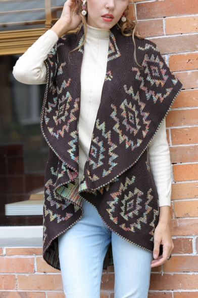 Womens Stylish Colorful Geometric Printed Wide Lapel Open Front Coffee Knitted Tunic Shawl Vest Coat